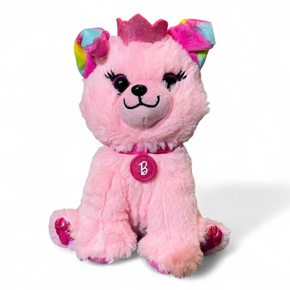 2021 Barbie Pink Puppy Plush Dog Just Play Mattel Crown‎ Rainbow Ears Toy